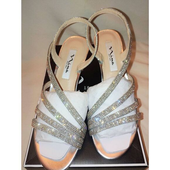 Nina Noura Women's Size 7.5 M Silver Sora Glitter Rhinestone Sandal Heel - Picture 3 of 7